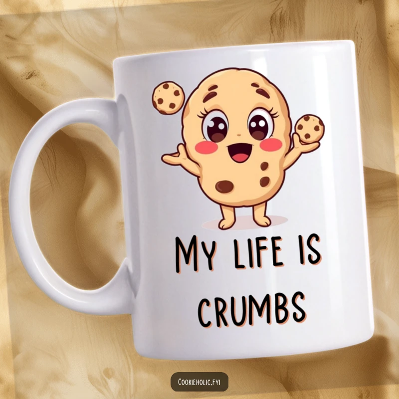 Funny mug featuring a wide-eyed cookie character expertly juggling three small cookies, showcasing its delightful pastry skills.