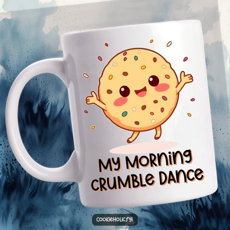 Funny Mug: A joyful Kawaii cookie character dances ecstatically, scattering sprinkles, radiating pure happiness.