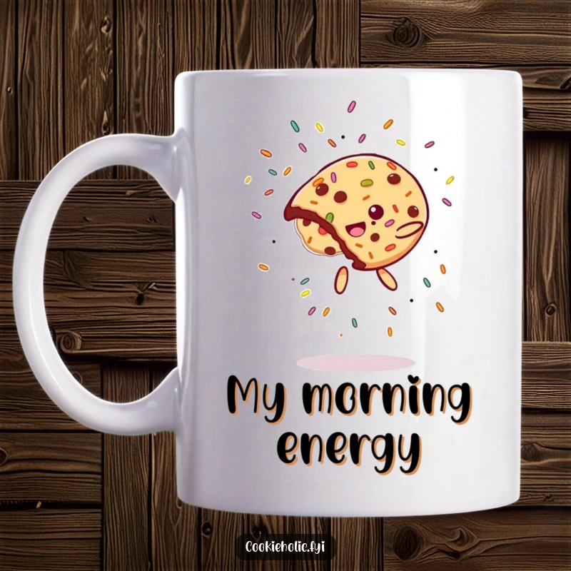 Funny Mug: A cookie executes a spectacular mid-air flip, with colorful sprinkles scattering around it, showcasing dynamic humor.