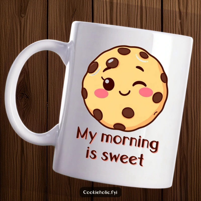 Funny chocolate chip cookie mug with a smiling face giving a playful wink, perfect for a humorous coffee break.