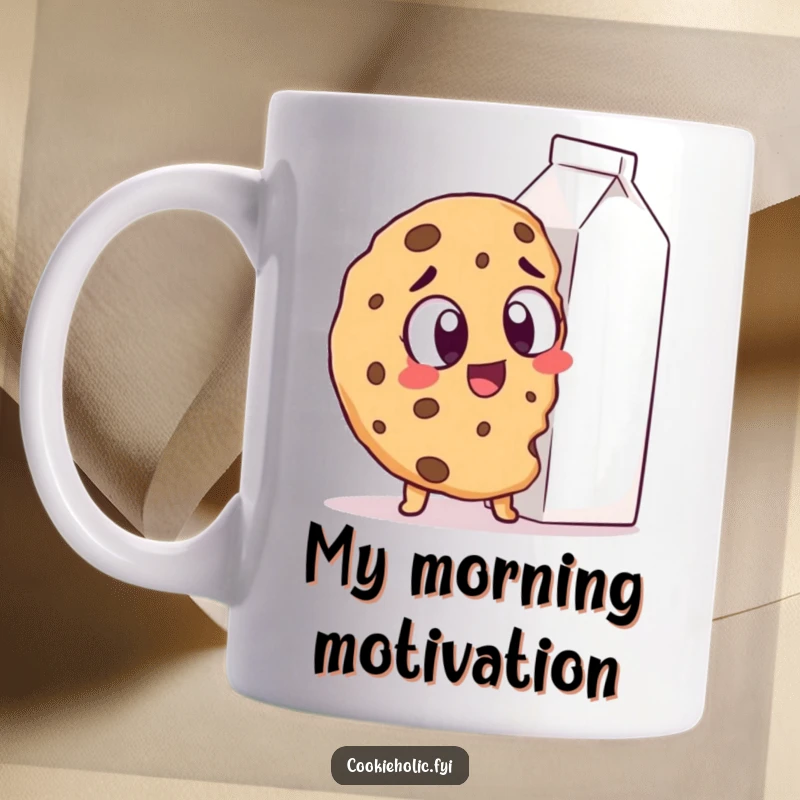 Funny Mug: A cookie with huge, excited eyes stares longingly at an enormous milk carton, a humorous depiction of desire.