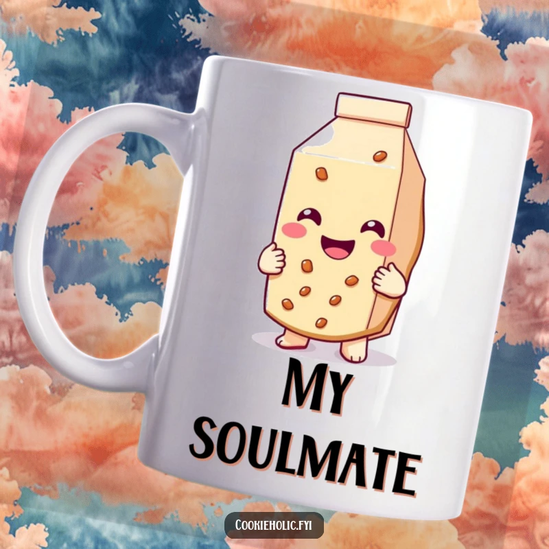 Funny mug with a cookie smiling broadly and hugging a milk carton, celebrating friendship and deliciousness.