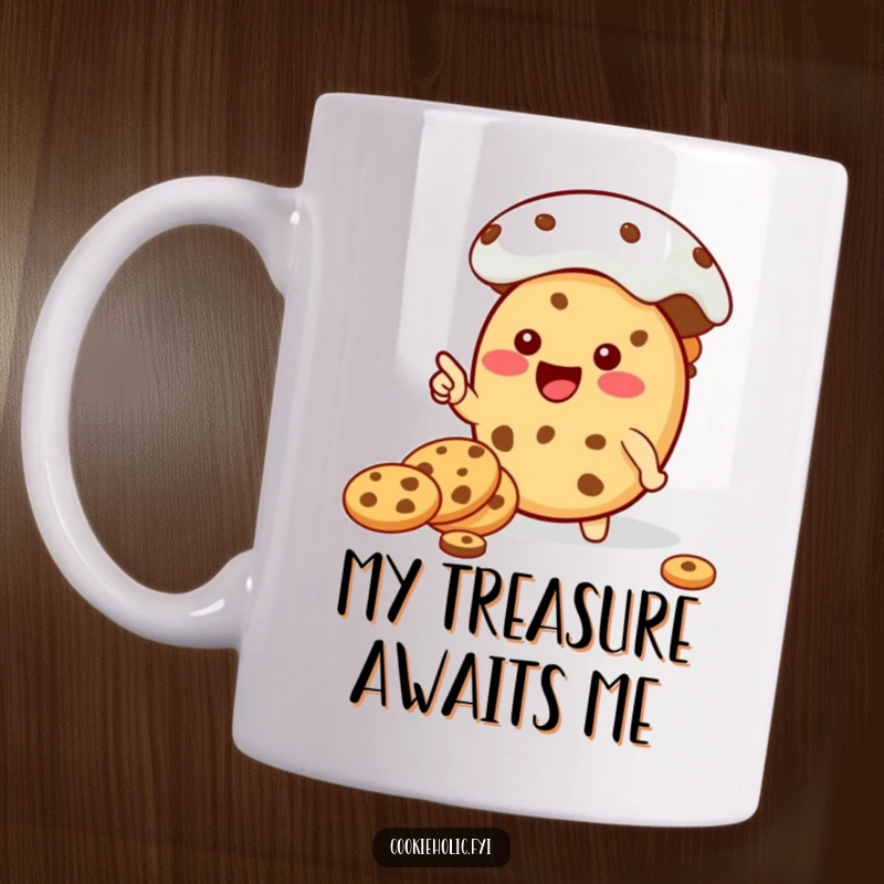 Funny Kawaii cookie character joyfully pointing towards a giant, overflowing cookie jar, a delightful and funny mug.