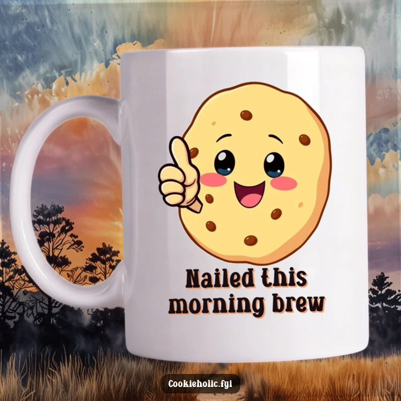Funny mug featuring a kawaii cookie character giving a cheerful, large thumbs-up, radiating positivity and approval.