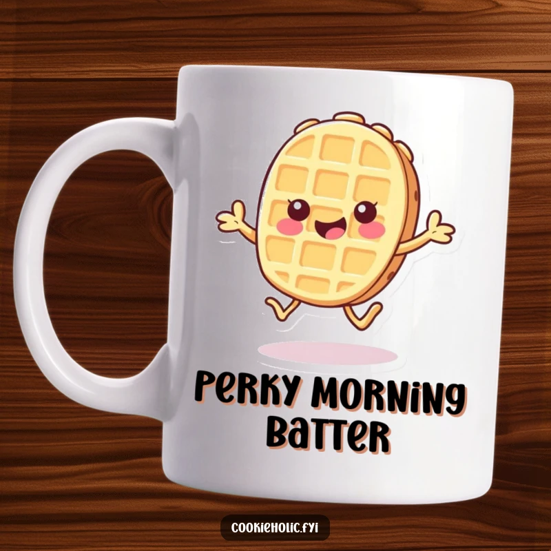 Funny Kawaii mug featuring a waffle cookie character doing a cheerful hop, radiating pure joy and playful energy.