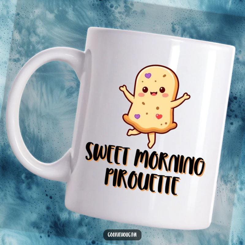 Funny kawaii shortbread cookie character gracefully twirling, depicted on a ceramic mug, spreading sweet and humorous vibes.
