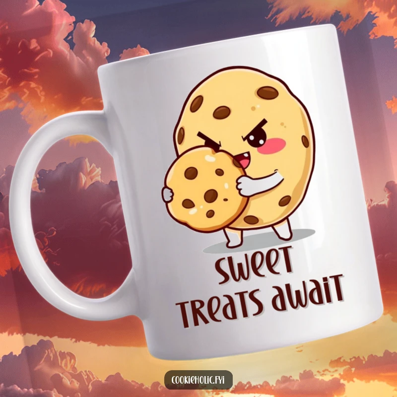 Funny Mug: A cookie character with a mischievous grin winks while offering a delicious baked cookie. A perfect funny gift for bakers.