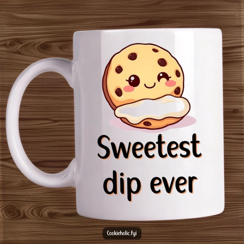 Funny cookie mug with a happy cookie grinning as it dunks into a luxurious pool of white frosting.