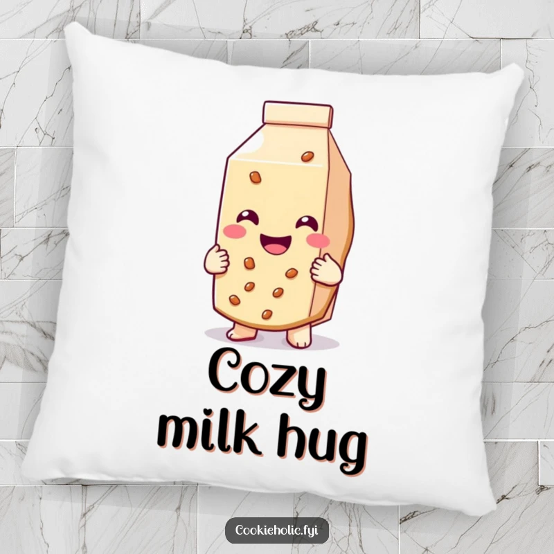 Funny pillow with a cookie smiling widely and hugging a milk carton, offering comfort and sweet friendship.