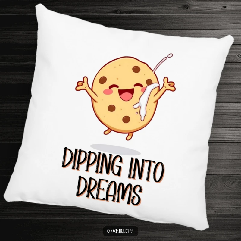 Funny cheerful cookie pillow, featuring a cookie leaping with delight after a milk dunk, perfect for cozy and humorous home decoration.