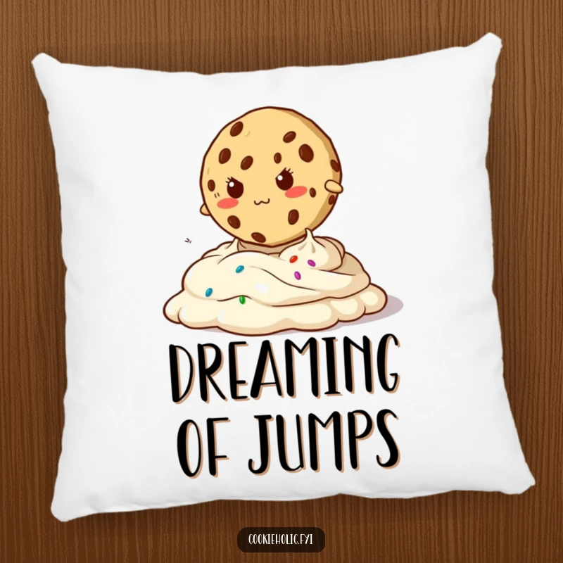 Funny pillow showcasing a determined cookie jumping over oozy frosting, providing comfort and a humorous inspirational message.