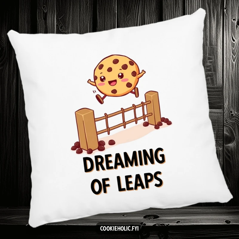 Funny Pillow: A cookie leaps over a chocolate chip fence, a humorous and dynamic decorative accent.