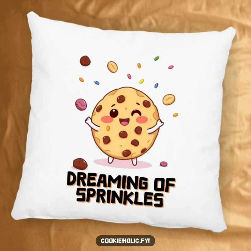 Funny pillow with a giggling chocolate chip cookie juggling tiny candy sprinkles, offering cozy comfort and sweet humor.