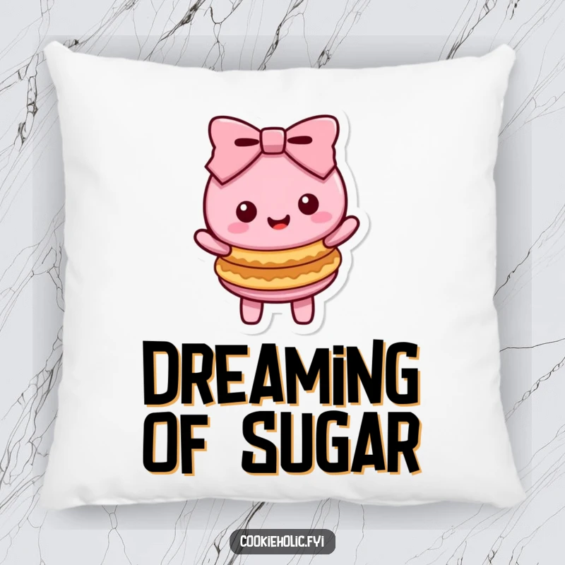 Funny Kawaii macaron character in a happy bow with two stacked cookies, a soft and decorative accent pillow.