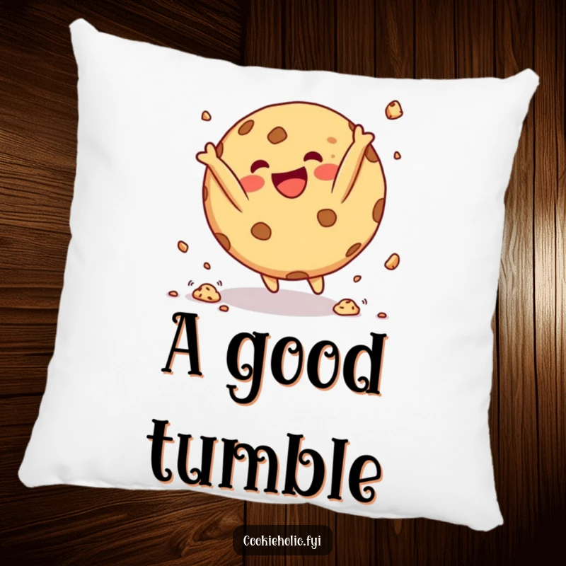 Funny Pillow with a round cookie character doing a happy somersault with crumbs flying, offering comfort and a humorous sense of playfulness.