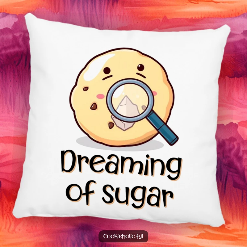 Funny Pillow featuring a cookie using a magnifying glass to inspect a sugar crystal, embodying sweet exploration.