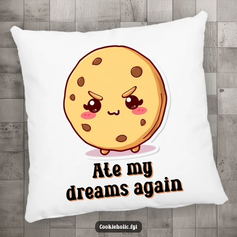 Funny pillow depicting a kawaii cookie character with a bite mark and a mischievous smirk, offering cozy comfort.