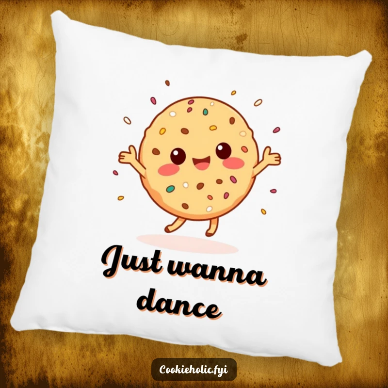 Funny Pillow: A joyful Kawaii cookie character dances happily, scattering sprinkles for a cozy, cheerful atmosphere.