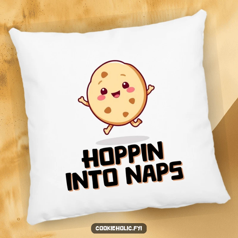 Funny decorative pillow showing a kawaii cookie character in a happy little hop, bringing sweet and cheerful vibes.