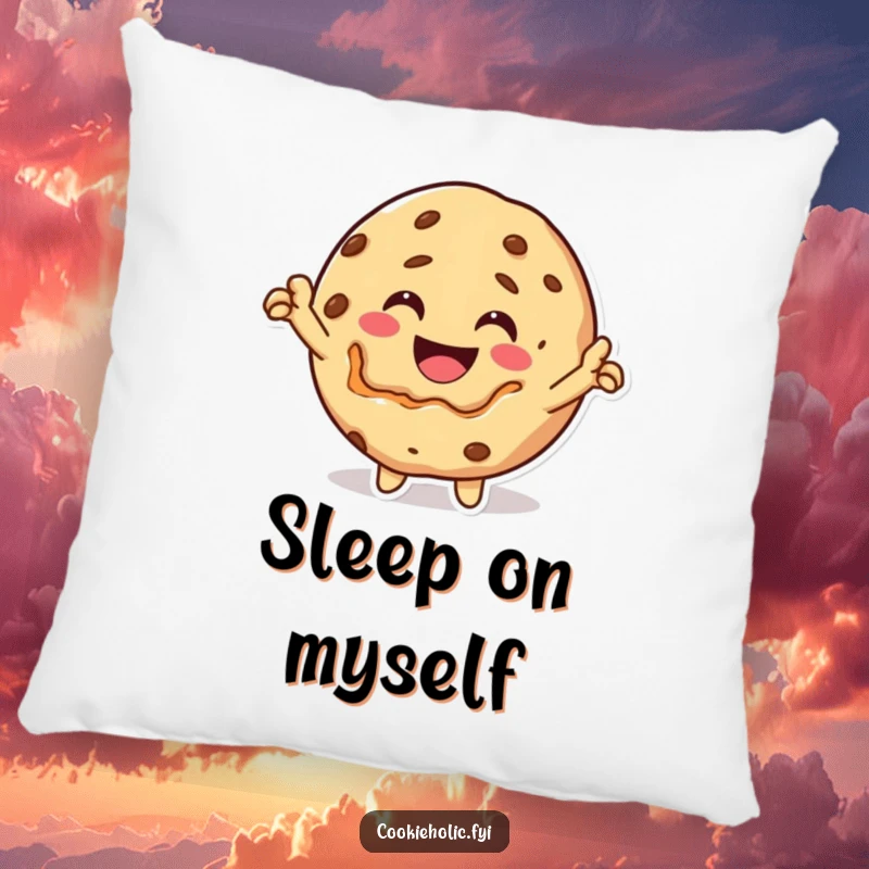 Funny Pillow: A happy Kawaii cookie character bites itself triumphantly, embodying self-love and comfort.