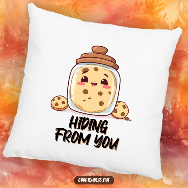 Funny pillow decorated with a cookie's mischievous grin peeking from behind a cookie jar, providing comfort and a touch of playful humor.