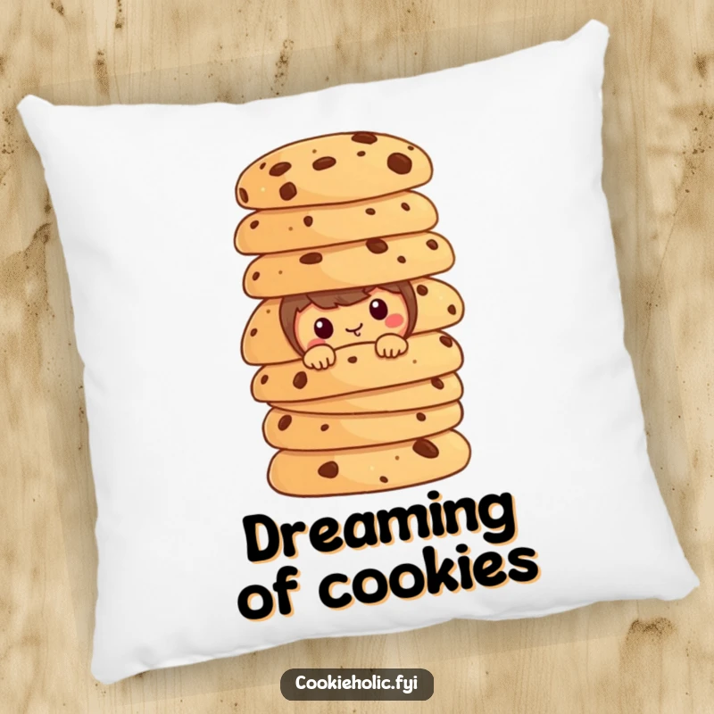 Funny cookie character peeking from behind a large stack of cookies on a soft throw pillow.