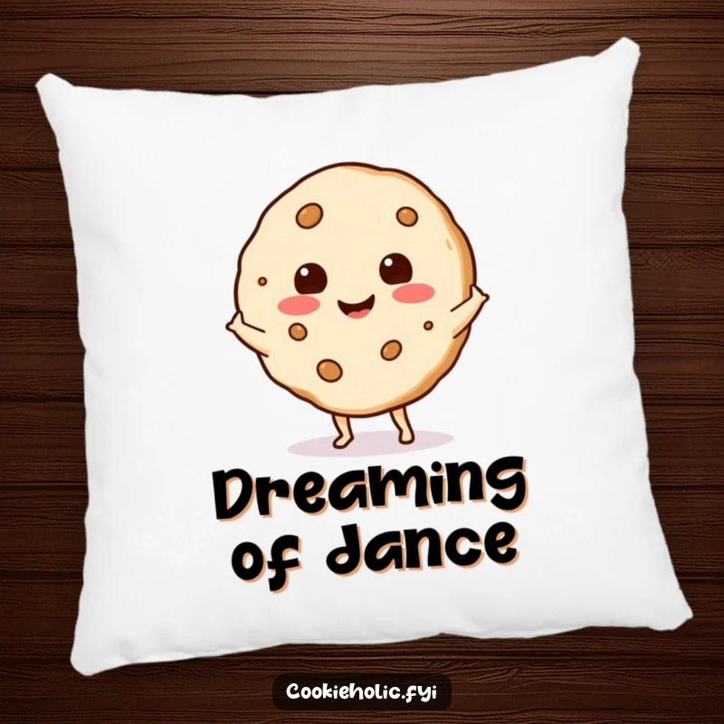 Funny cookie with a happy expression doing a little shimmy, featured on a soft, plush pillow.