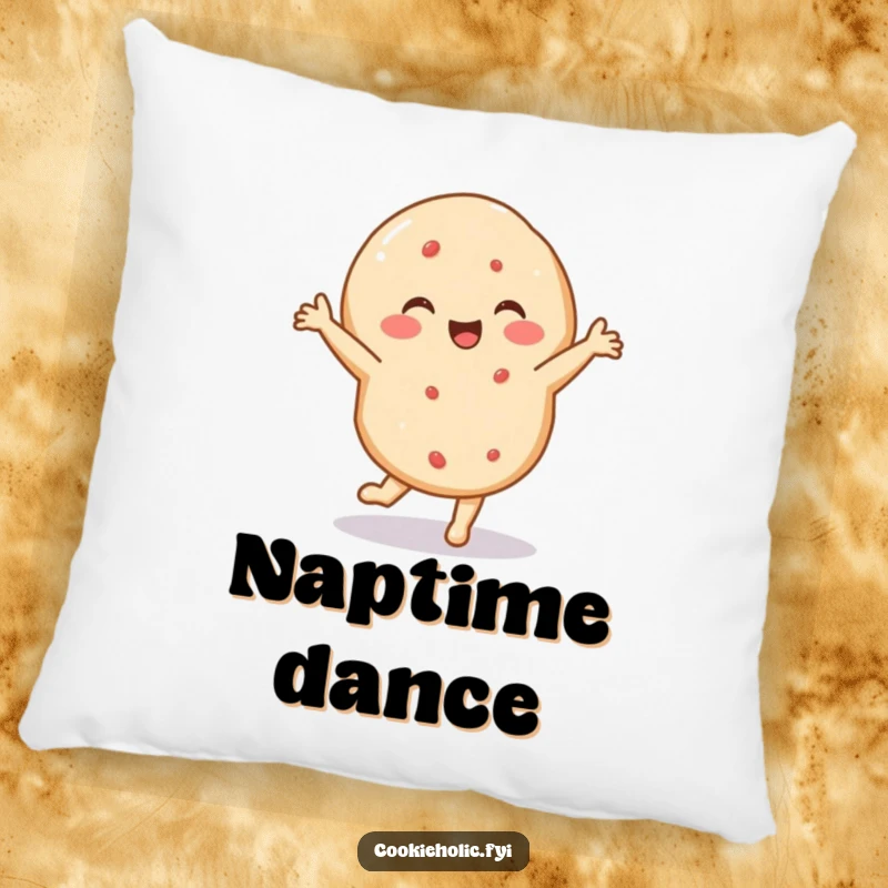 Funny pillow with a delighted sugar cookie performing a tiny, energetic dance, offering cozy comfort and joyful energy.