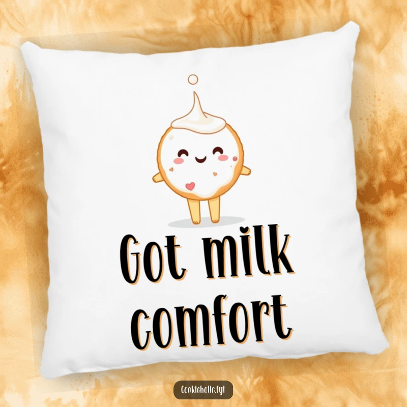 Funny sugar cookie character tiptoeing with a giant milk drop, featured on a soft pillow, providing comfort and comical appeal.