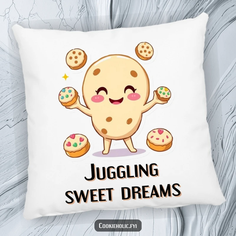 Funny Pillow with a smiling cookie character juggling three smaller, decorated cookies, offering comfort and a humorous emphasis on multitasking.
