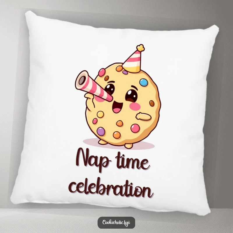 Funny cookie with candy decorations blowing a party horn, featured on a soft, plush pillow for ultimate comfort and humor.