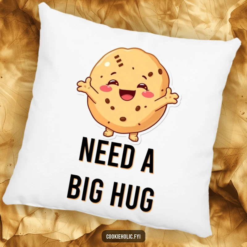 Funny pillow showcasing a cookie with a huge smile and arms outstretched, designed for ultimate comfort and warm, inviting hugs.