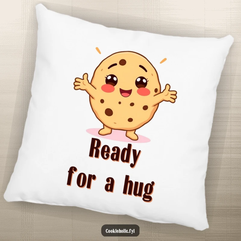 Funny Pillow featuring a cookie in a silly, arms-outstretched pose, embodying fun and comfort.