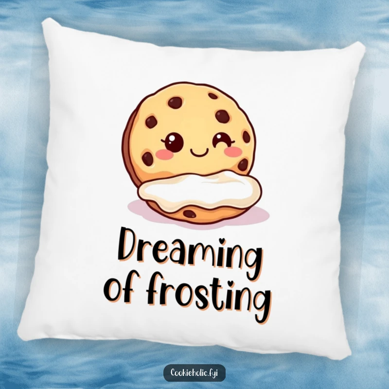 Funny cookie frosting pillow featuring a cookie with a grin dunking into a pool of frosting, soft and sweet.