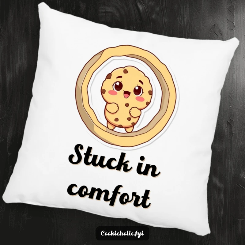 Funny pillow featuring a cookie character comically stuck in a large cookie cutter, offering comfort and baking humor.