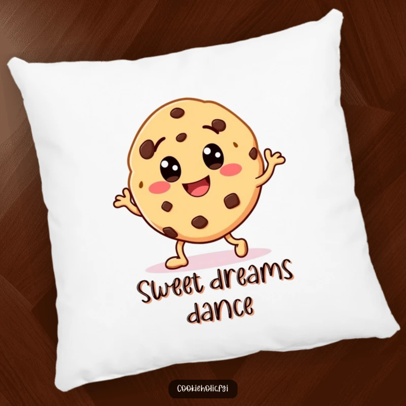 Funny pillow featuring a smiling cookie character with chocolate chip eyes, captured in a cute, happy dance pose.