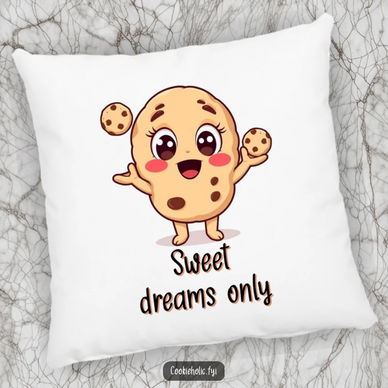 Funny pillow featuring a cookie character juggling small cookies, providing plush comfort and a humorous baking theme.