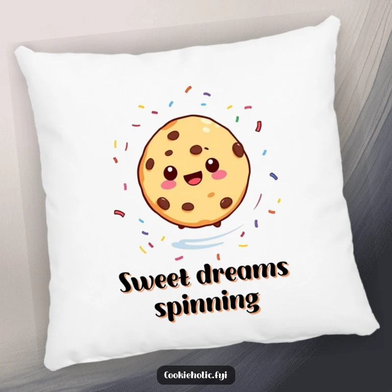 Funny pillow featuring a cookie character spinning with sprinkles scattered around, offering humorous comfort and a sweet dessert theme, a delightful gift.