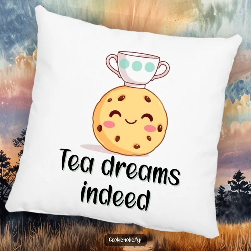 Funny cookie pillow showing a smiling cookie balancing a tiny teacup on its head, perfect for cozy decor.