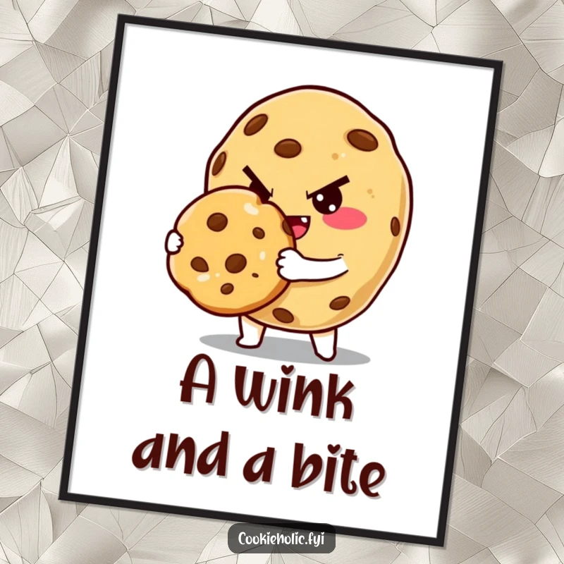 Funny Digital Art Print: Winking cookie character offers a baked cookie with a mischievous grin. Sweet and funny wall art funny gift.
