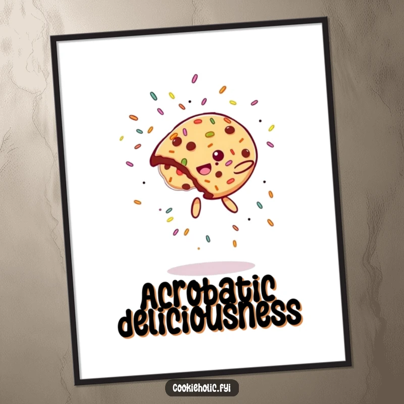 Funny Digital Art Print: A cookie performs a spectacular flip with sprinkles flying, a dynamic and humorous illustration.