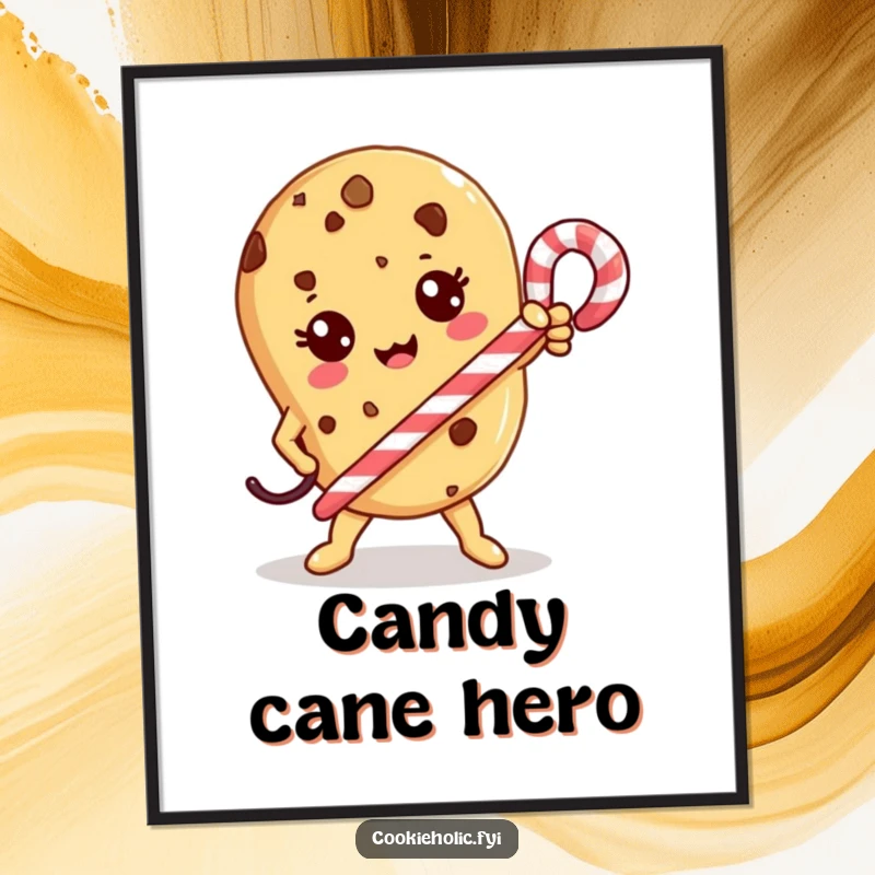 Funny Digital Art: A Kawaii cookie character strikes a heroic pose with a candy cane, embodying bravery.