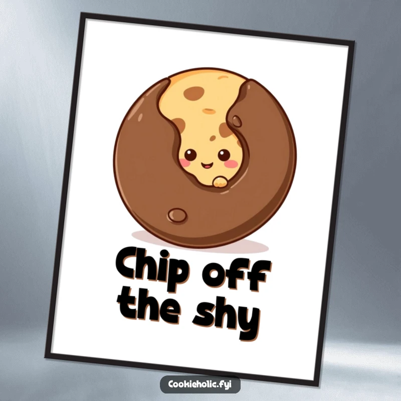 Funny shy cookie digital art print, a cookie peeking from behind a chip, for instant whimsical decor.