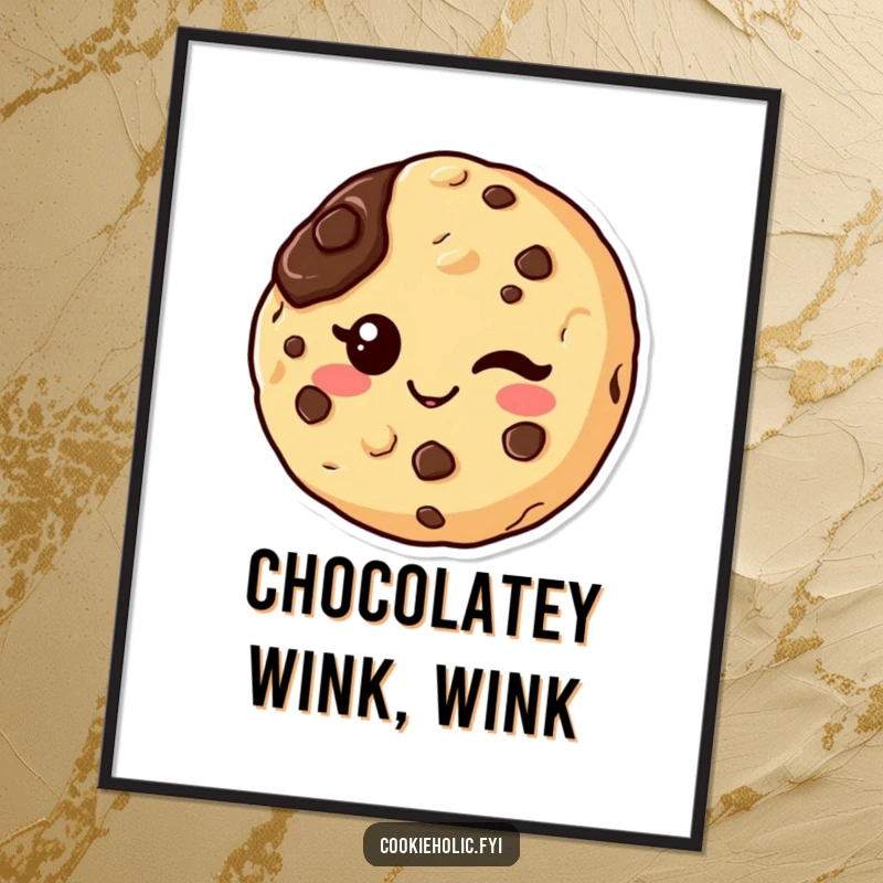 Funny digital art print of a kawaii chocolate chip cookie character winking, with a chocolate smudge, capturing playful mischief.