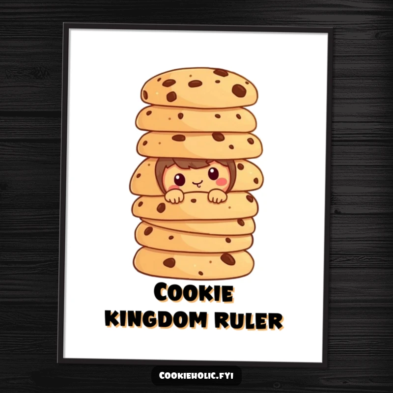 Funny cookie character peeking from behind a giant stack of cookies, as a high-resolution digital art print.