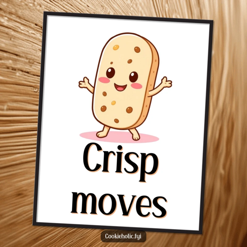 Funny digital art print of a Kawaii wafer cookie character smiling and doing a little shimmy, symbolizing playful fun and humor.