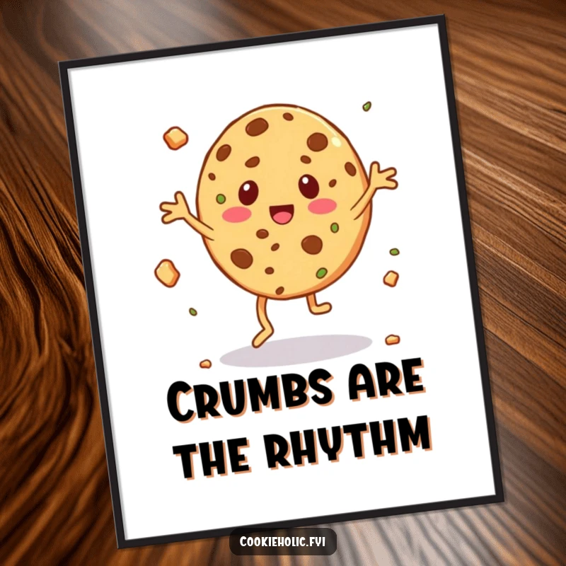 Funny digital art print of a cookie character doing a silly jig, with crumbs flying dynamically all around.