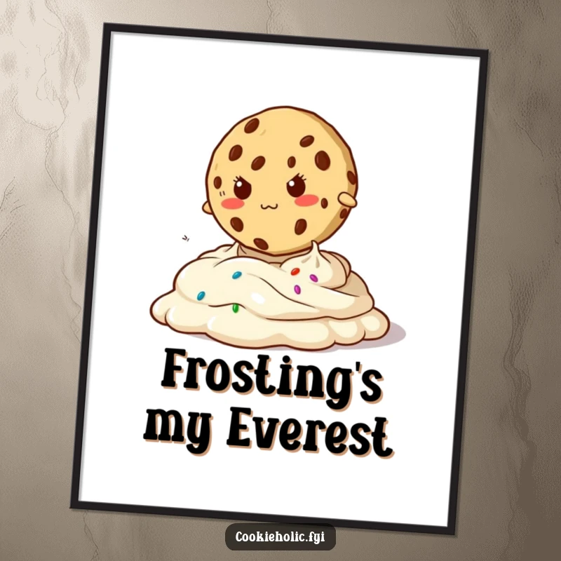 Funny digital art of a determined cookie jumping over oozy frosting, excellent for instant humorous and motivational wall decor.