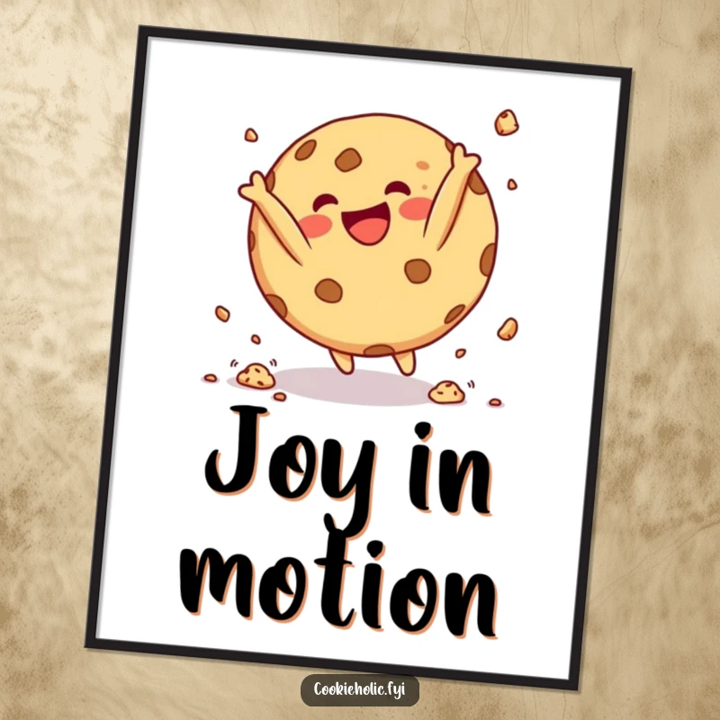 Funny Digital Art Print of a round cookie character doing a happy somersault with crumbs flying, symbolizing joy and playfulness.