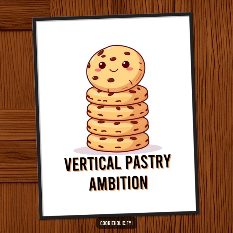 Funny Digital Art Print: A cookie hilariously balanced on a stack of cookies, a whimsical and humorous illustration.